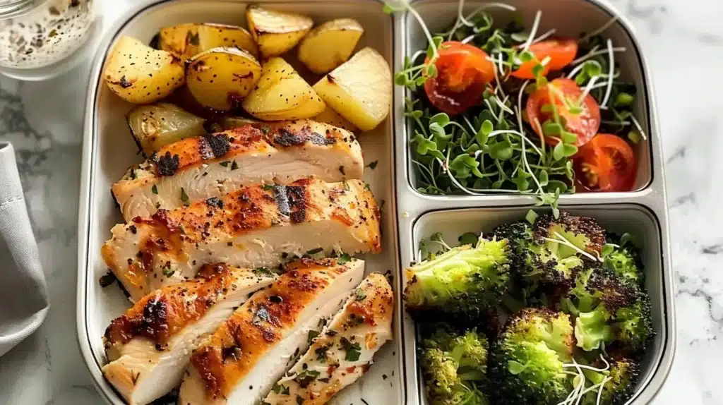 Delicious ranch chicken meal prep in a meal container for easy weeknight dinners