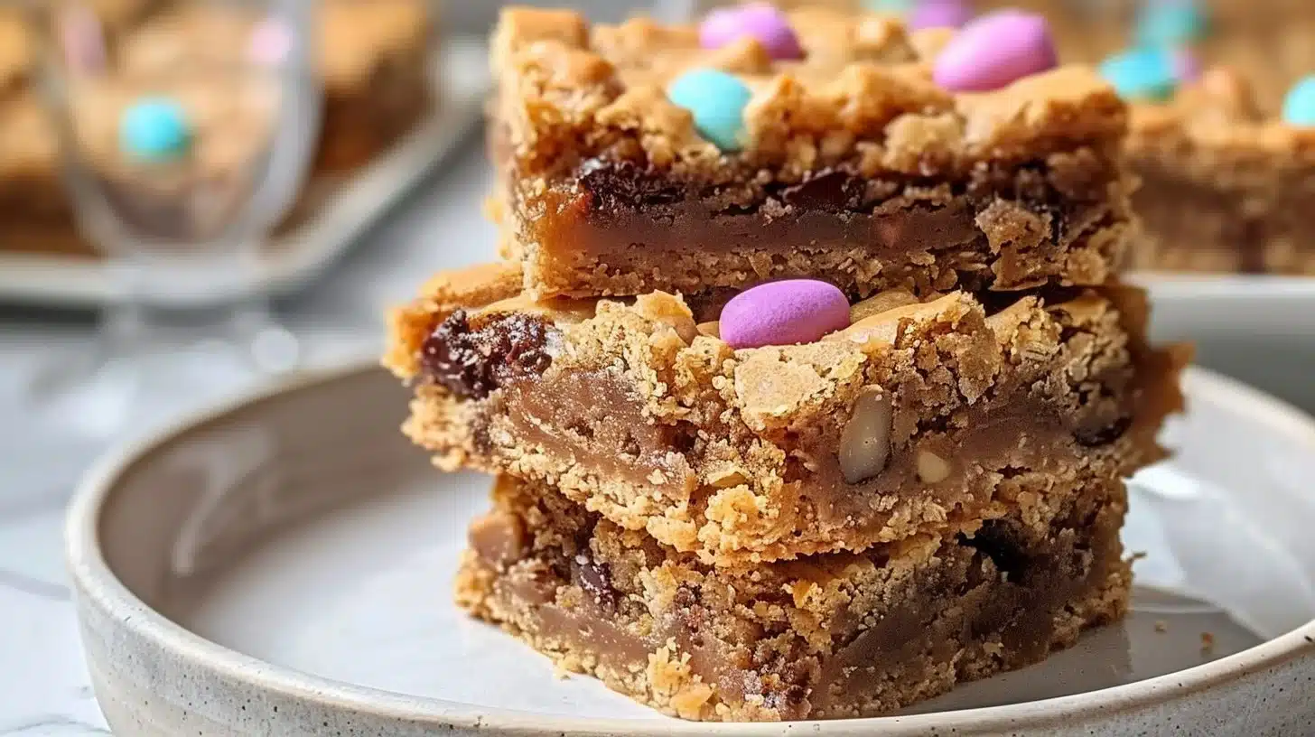 Delicious Easter Blondie Bars with colorful sprinkles and festive decorations.