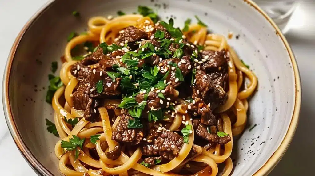 Delicious easy beef garlic noodles served in a bowl garnished with green onions.