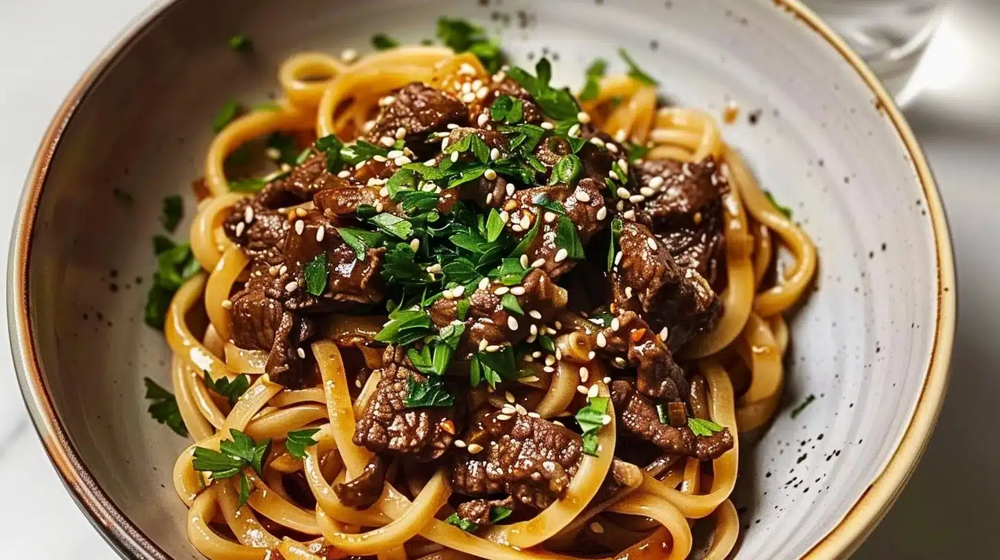 Delicious easy beef garlic noodles served in a bowl garnished with green onions.