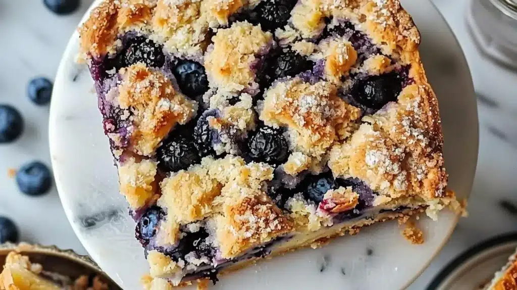 A slice of easy blueberry buckle cake with fresh blueberries on top.