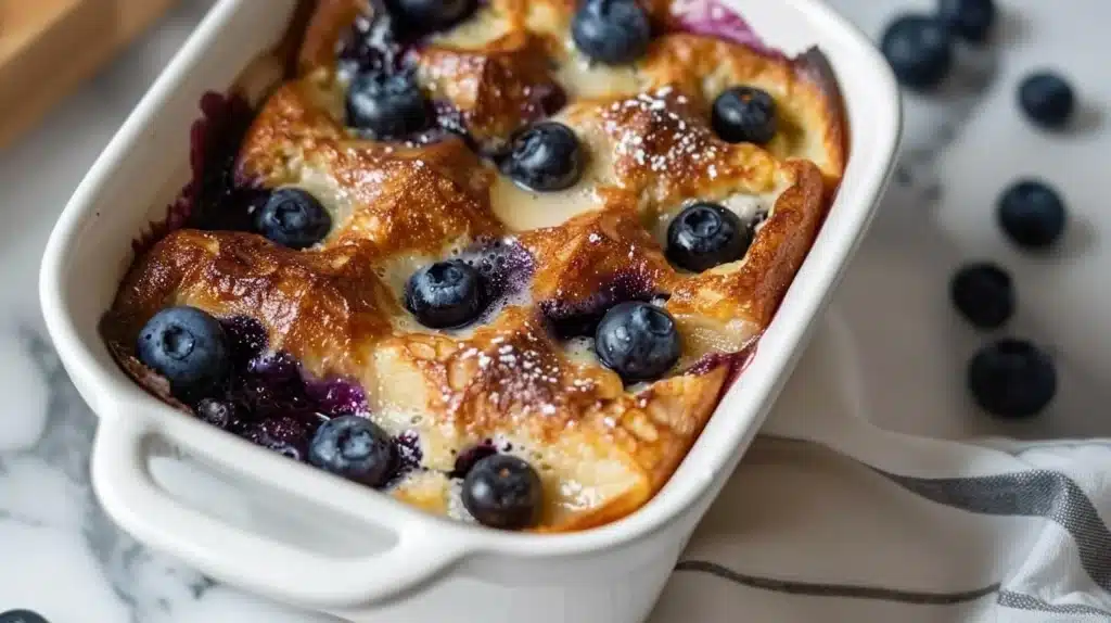 Delicious Easy Blueberry French Toast Casserole topped with blueberries.