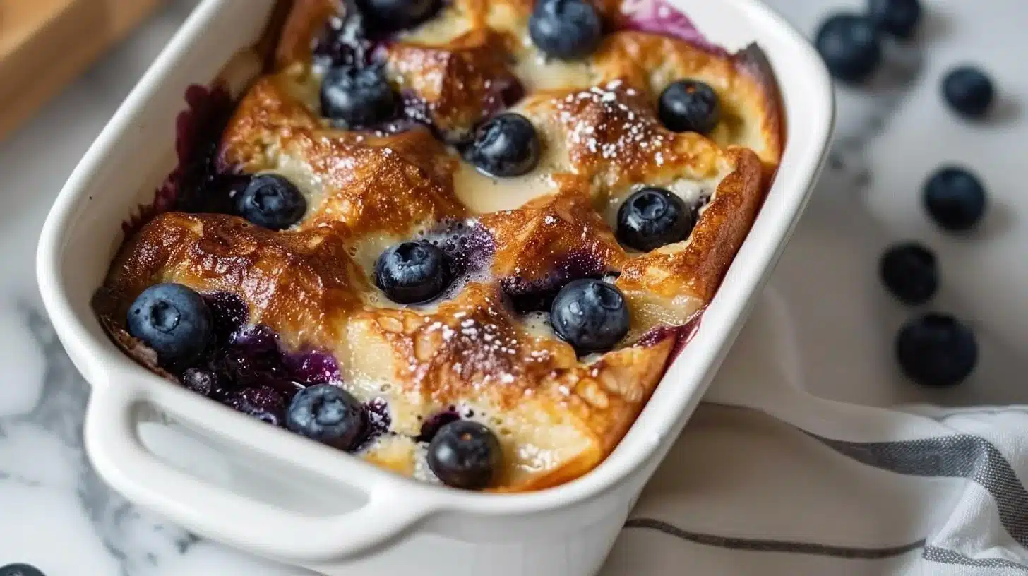 Delicious Easy Blueberry French Toast Casserole topped with blueberries.