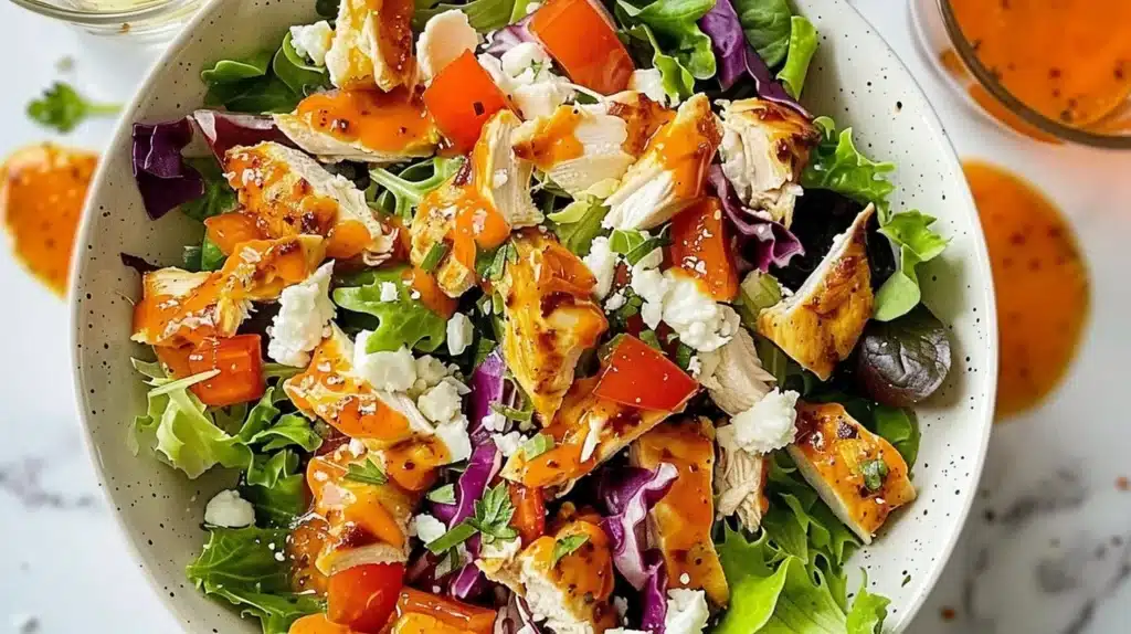 Easy Buffalo Chicken Salad with lettuce, chicken, and spicy dressing