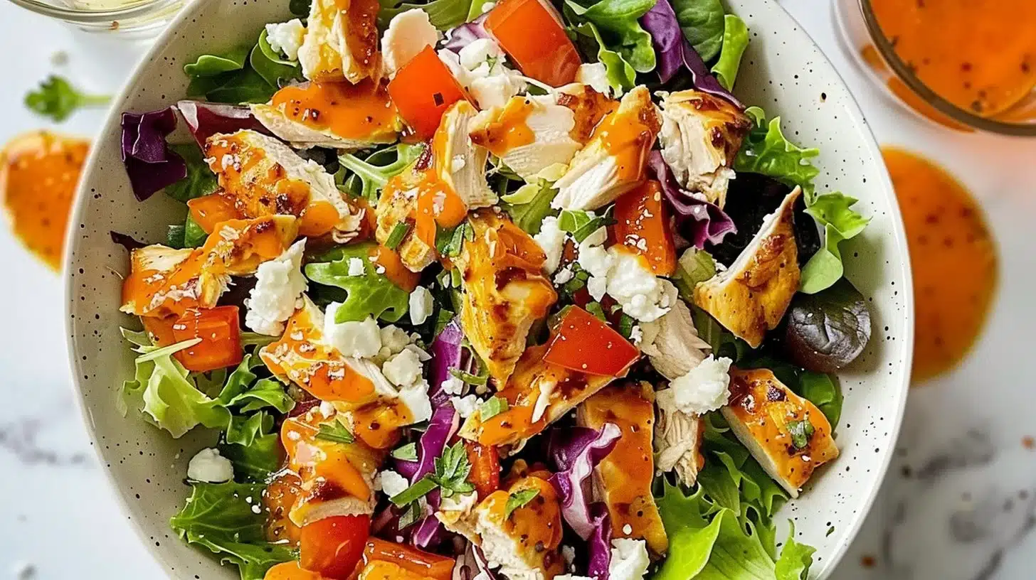 Easy Buffalo Chicken Salad with lettuce, chicken, and spicy dressing