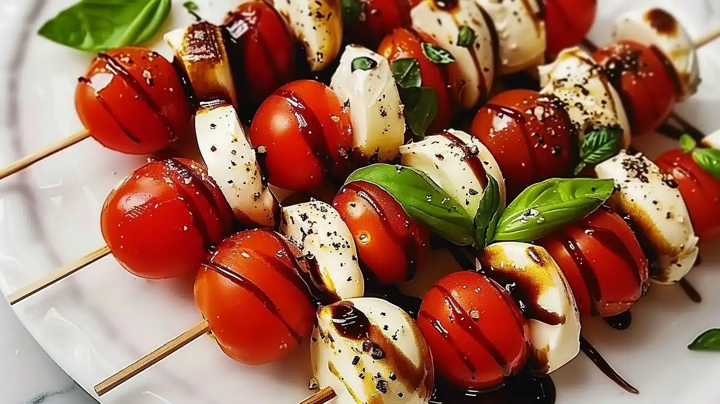 Easy Caprese skewers topped with balsamic glaze for a fresh appetizer