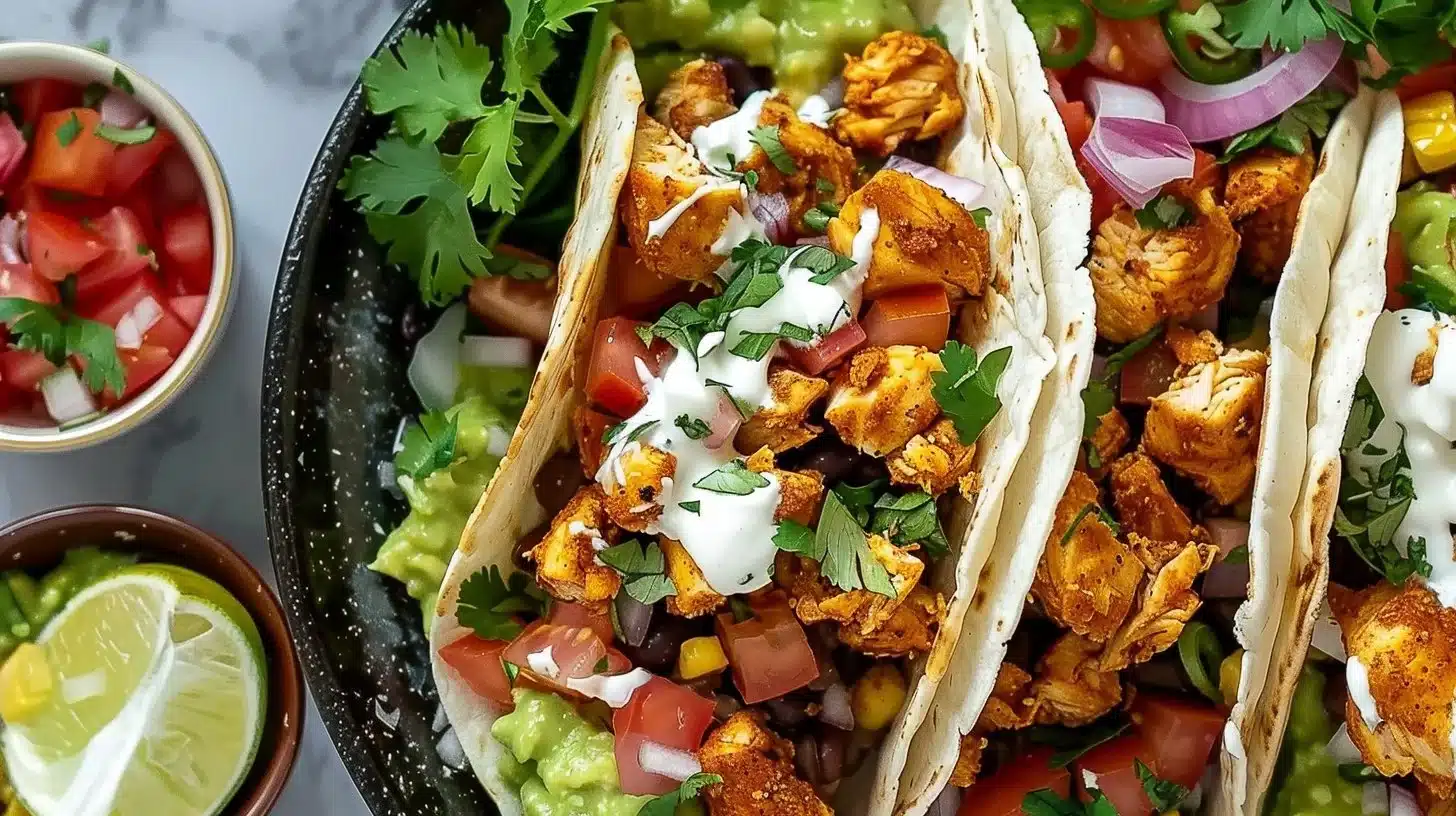 Delicious and colorful easy chicken taco bowls with fresh ingredients