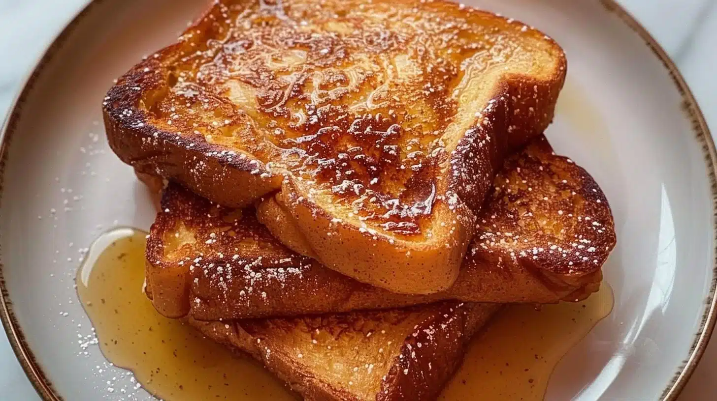 Delicious crispy cinnamon French toast with syrup and garnish