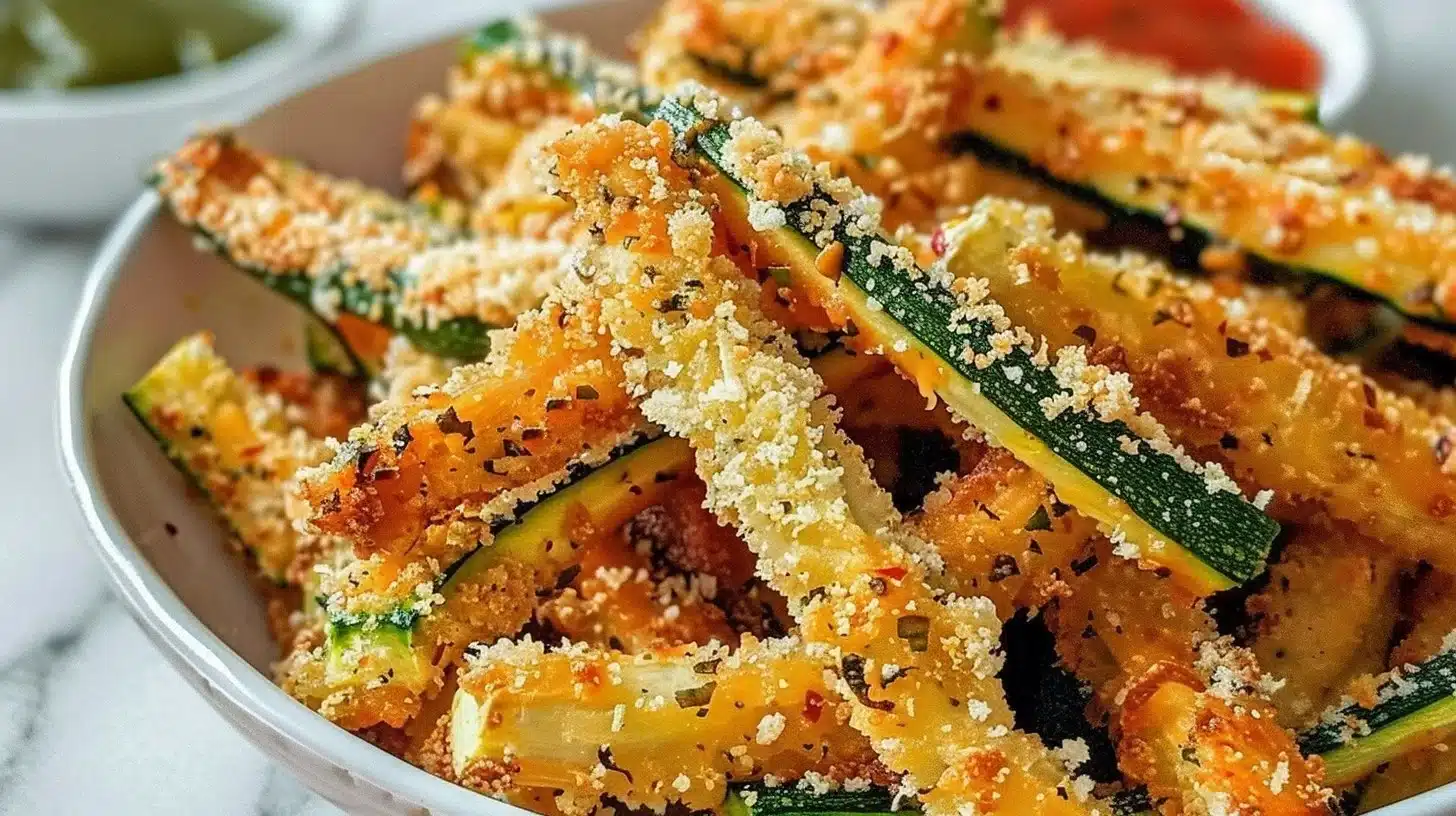 Plate of crispy parmesan zucchini fries, a tasty healthy snack