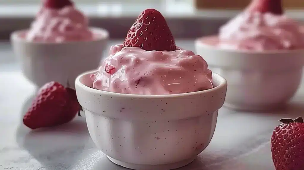 Fluffy strawberry yogurt cups deliciously served in clear dessert cups