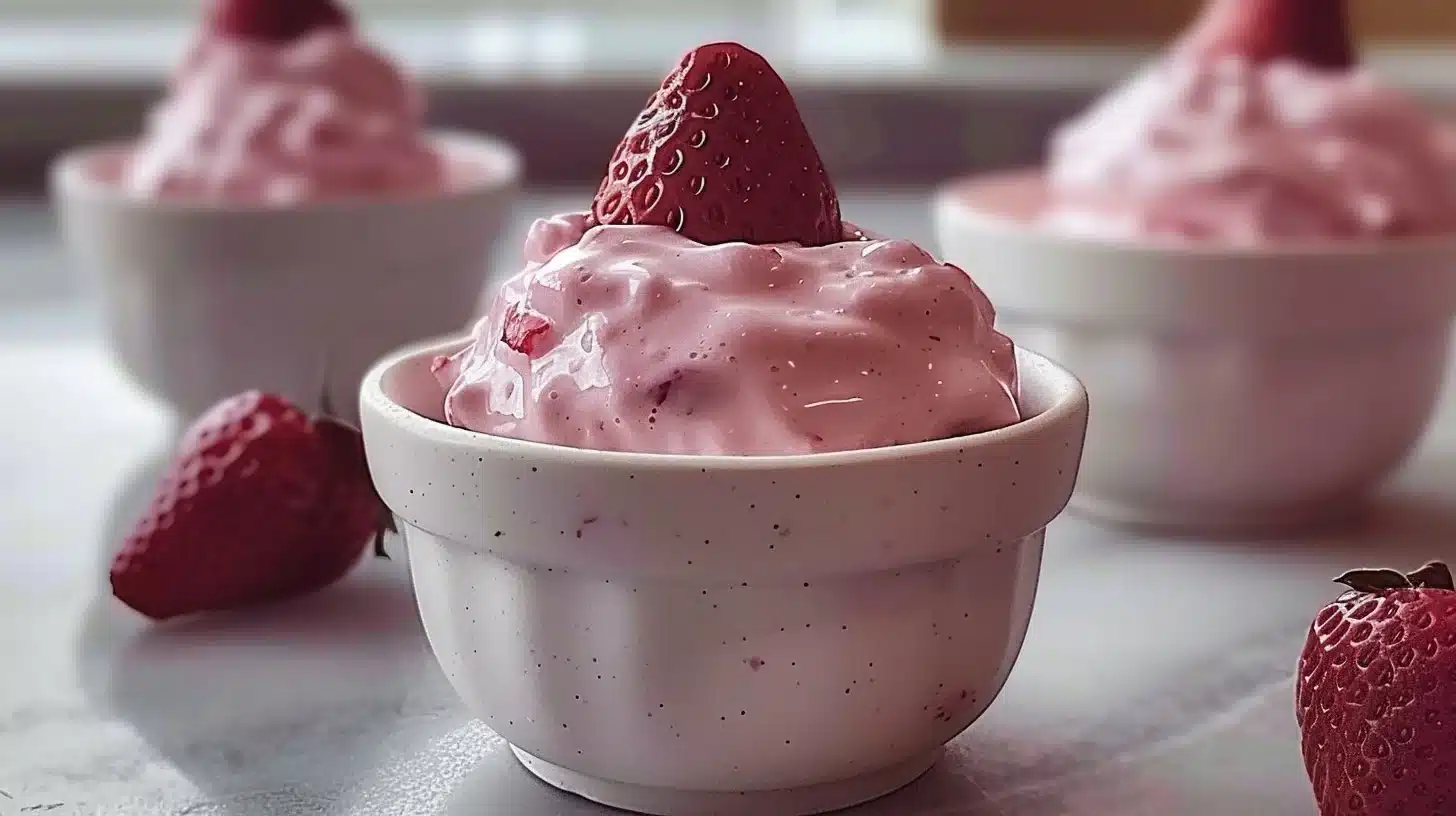 Fluffy strawberry yogurt cups deliciously served in clear dessert cups
