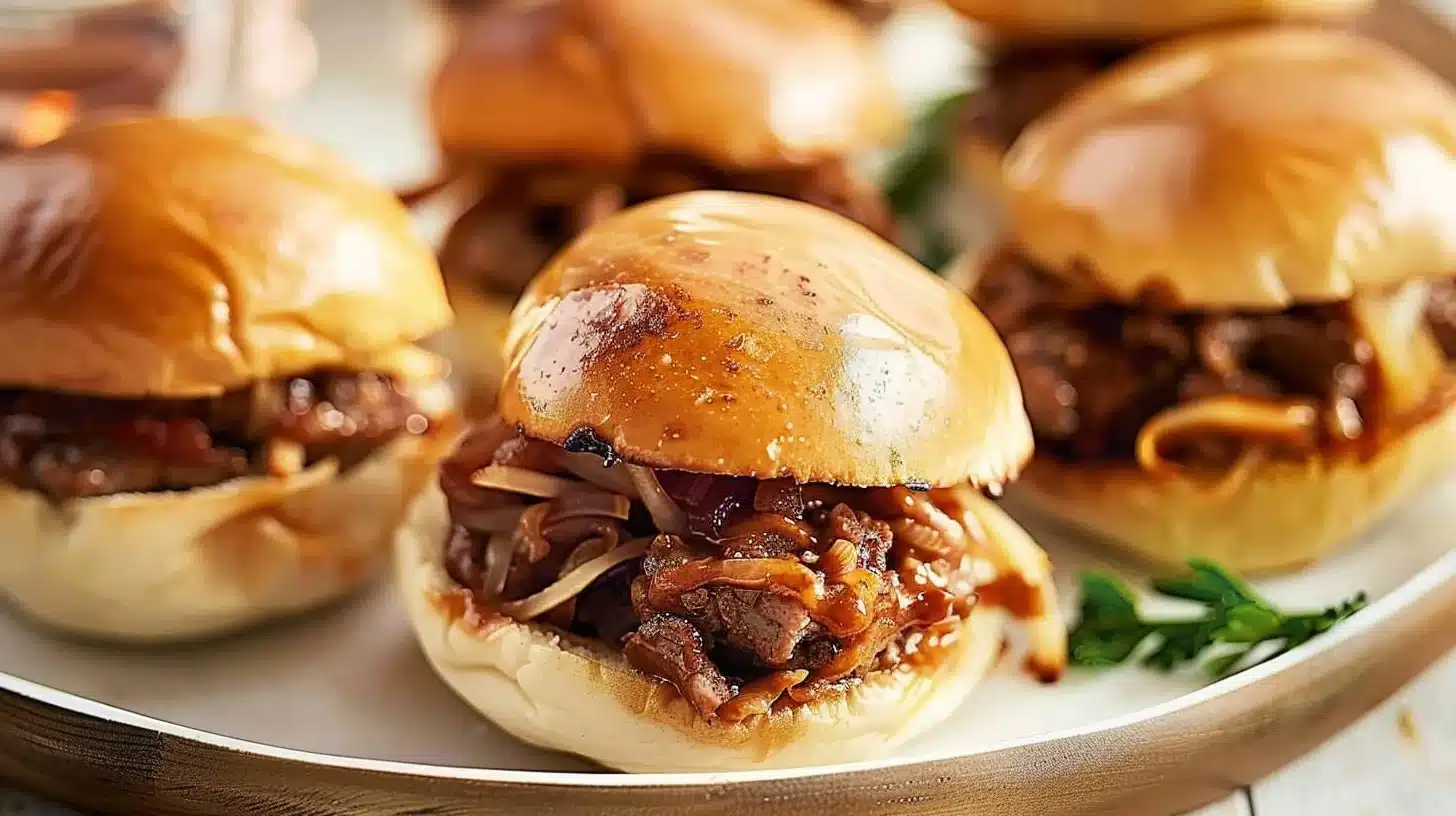 Delicious French dip sliders served with au jus for dipping