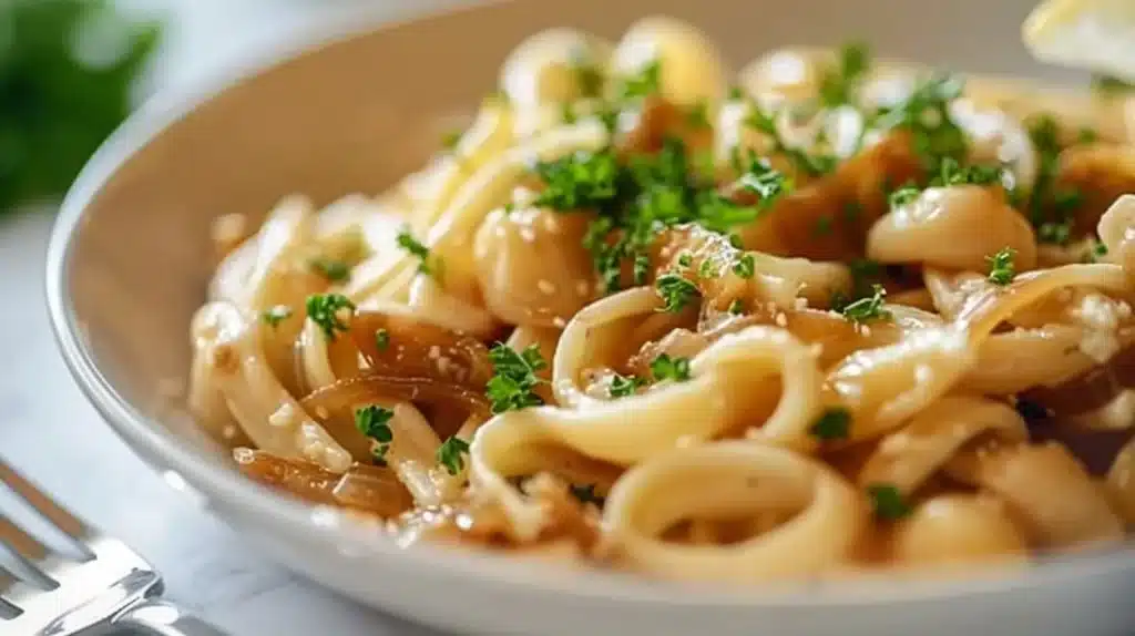 Bowl of Easy French Onion Pasta topped with melted cheese.
