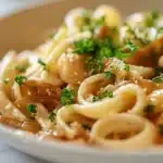 Bowl of Easy French Onion Pasta topped with melted cheese.