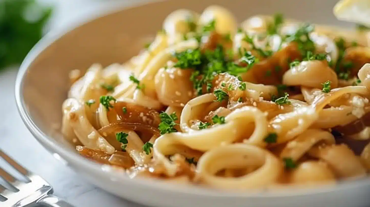 Bowl of Easy French Onion Pasta topped with melted cheese.