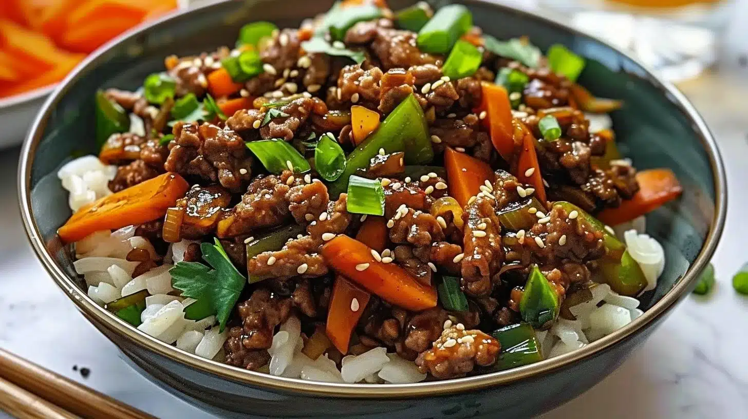 Delicious Ground Beef Teriyaki Stir Fry served in a bowl with colorful vegetables.