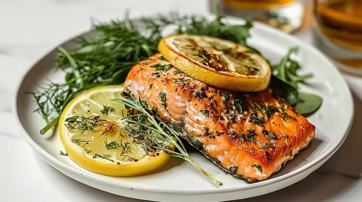 Delicious lemon herb salmon plate garnished with fresh herbs and lemon slices
