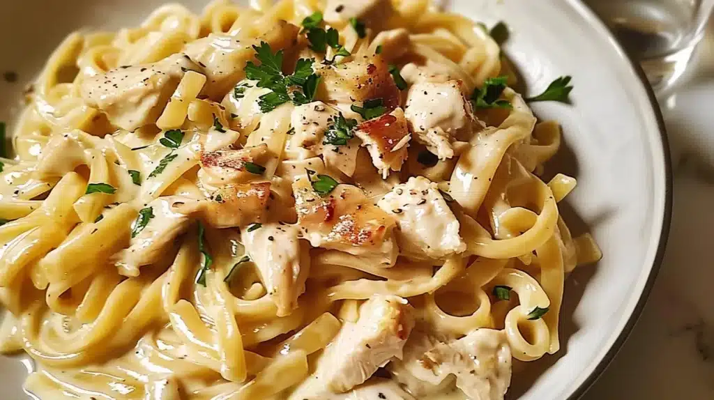 Delicious creamy chicken pasta served in a bowl with vegetables