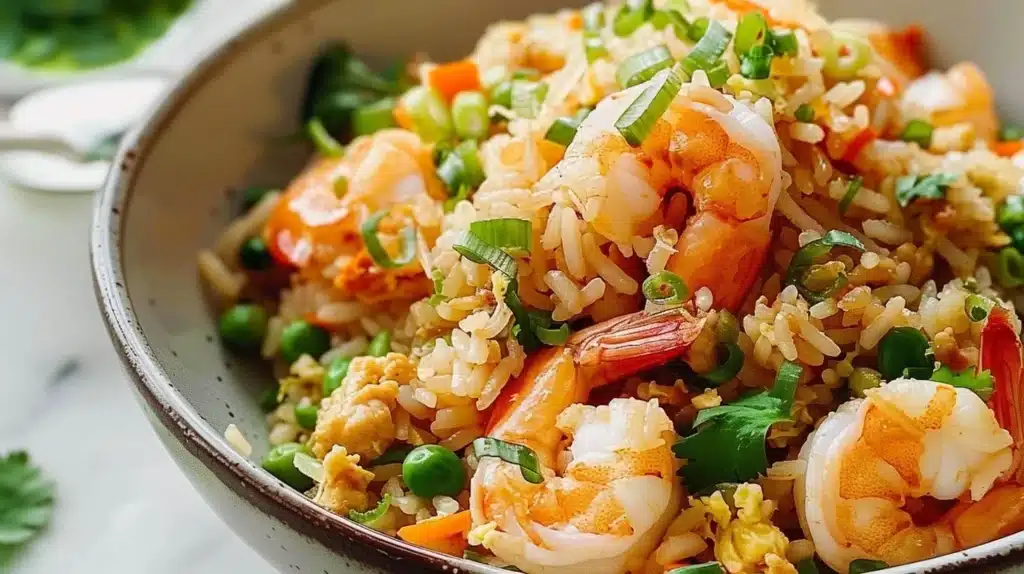Bowl of easy shrimp fried rice with colorful vegetables and shrimp