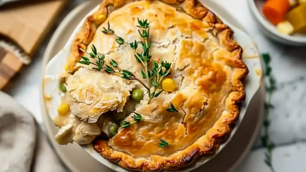 Delicious easy slow cooker chicken pot pie ready to serve with fresh herbs