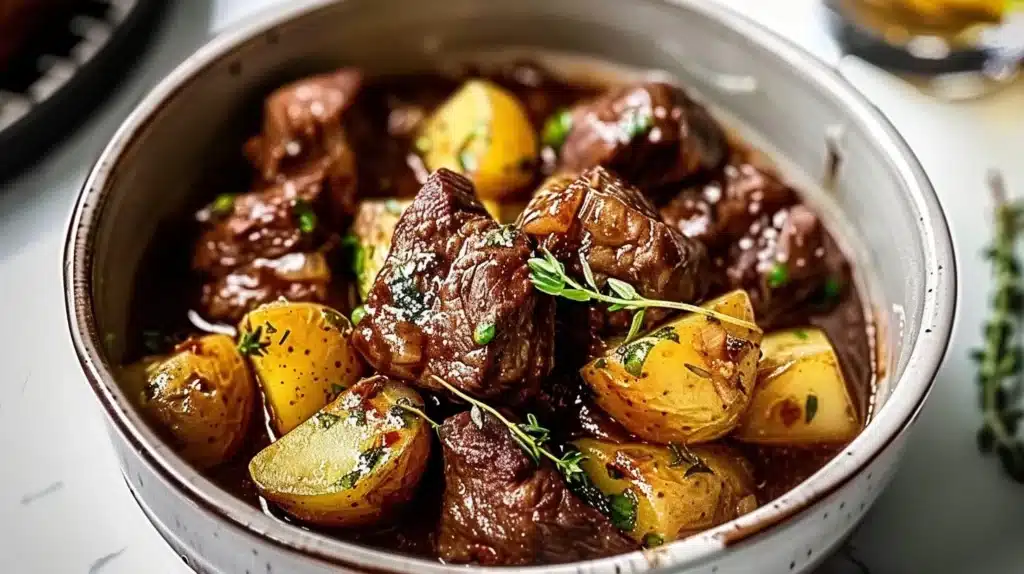 Tender garlic butter beef bites with potatoes cooked in a slow cooker