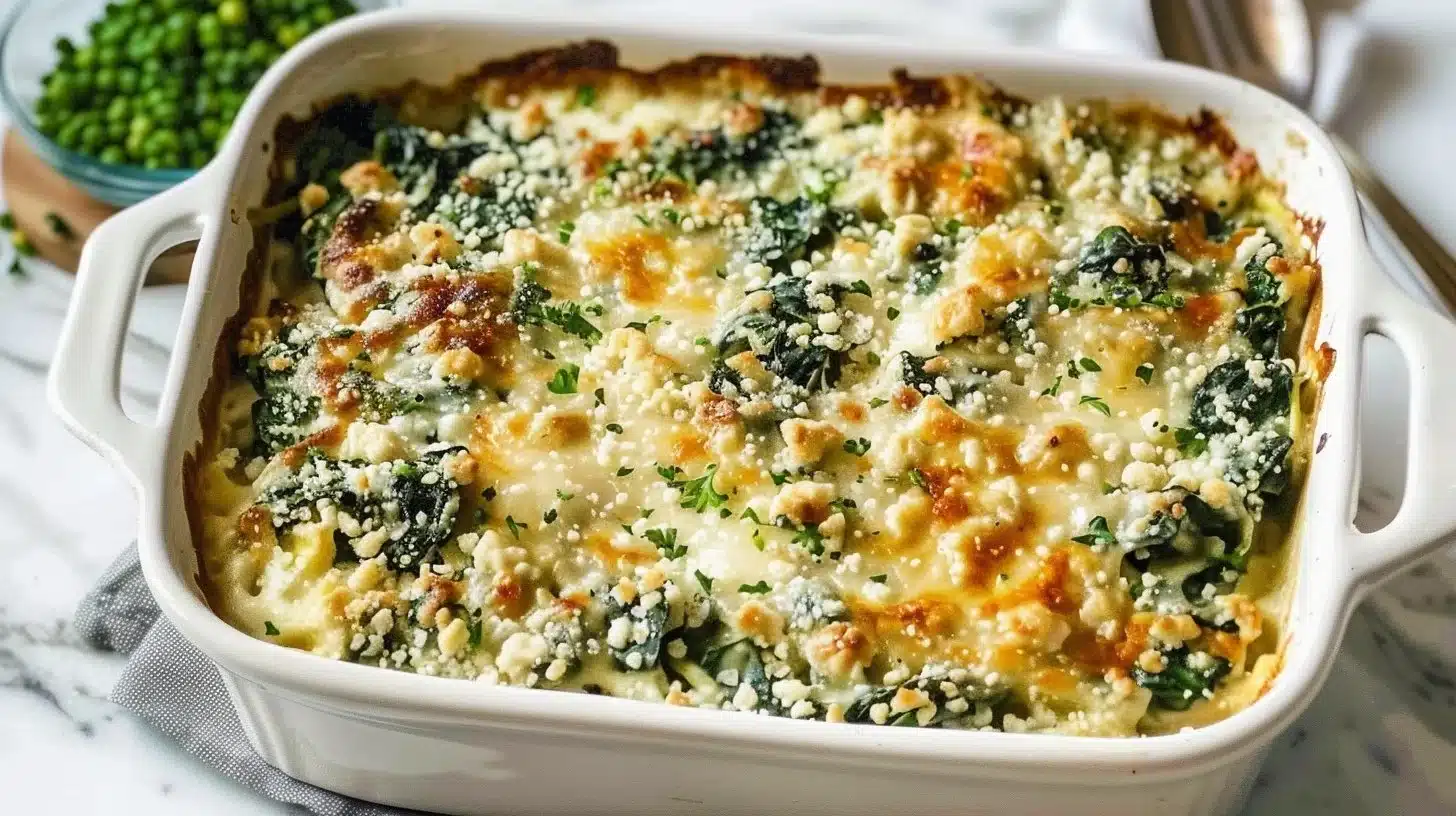 Easy homemade spinach casserole baked until golden and cheesy