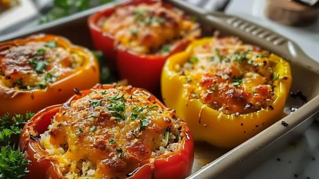 Easy stuffed bell pepper casserole with colorful bell peppers and savory filling