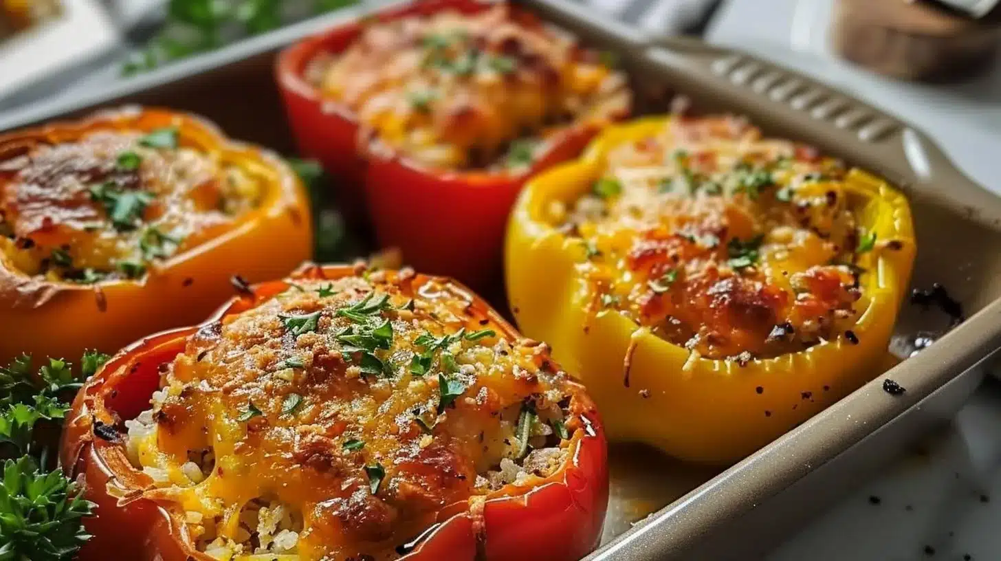 Easy stuffed bell pepper casserole with colorful bell peppers and savory filling
