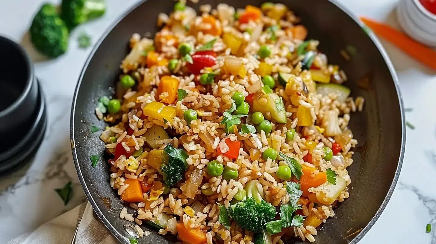 Colorful vegetable fried rice skillet with fresh ingredients and spices