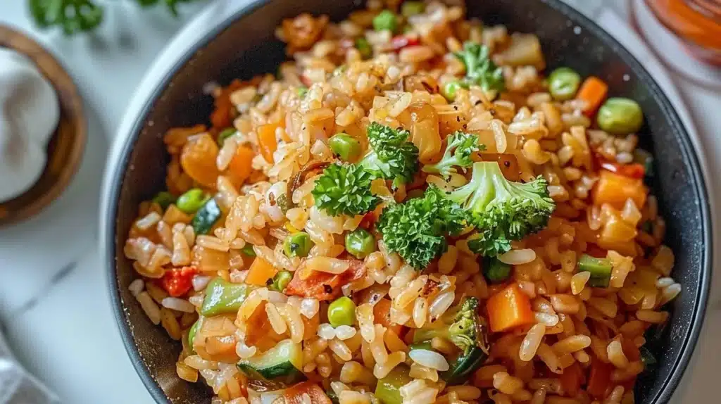 Colorful veggie rice skillet with fresh vegetables and grains in a pan