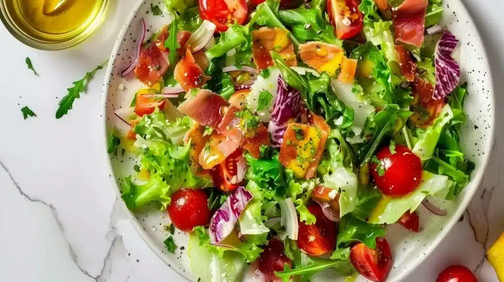 Elegant salad topped with mustard vinaigrette, fresh greens, and colorful veggies.