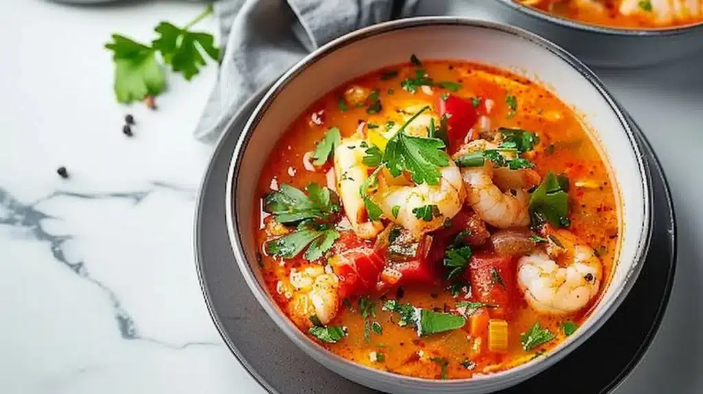 Delicious fish stew served in a bowl with fresh herbs and spices.
