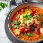 Delicious fish stew served in a bowl with fresh herbs and spices.