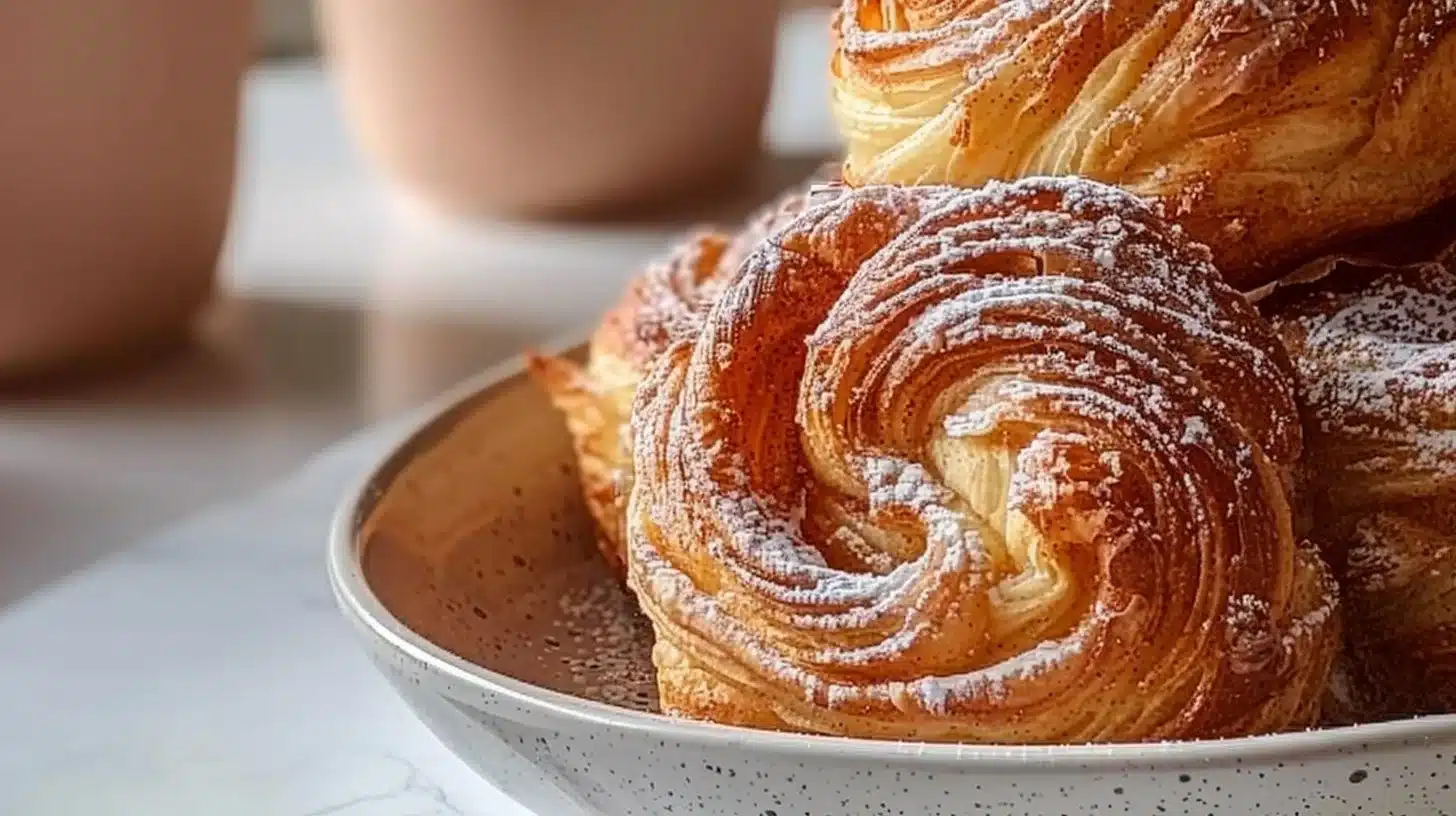Freshly baked flaky cruffins with cinnamon sugar filling