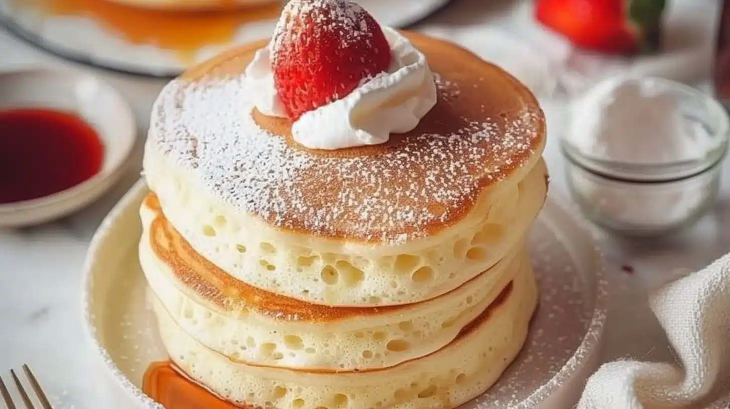 Fluffy Japanese soufflé pancakes stacked with syrup and berries