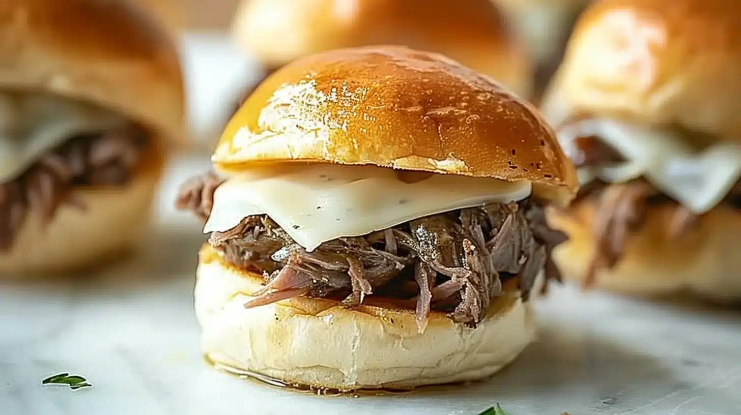 French Dip Sliders served with au jus for dipping