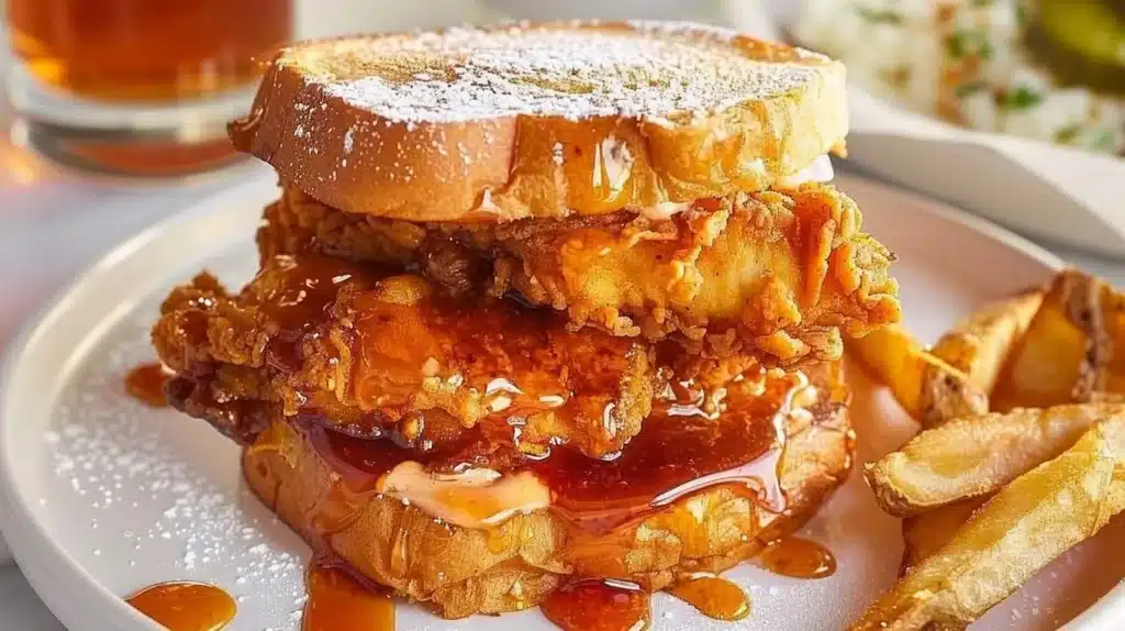 Delicious French Toast Fried Chicken Sandwich served with maple syrup and toppings.