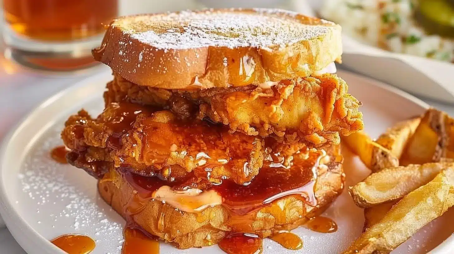 Delicious French Toast Fried Chicken Sandwich served with maple syrup and toppings.