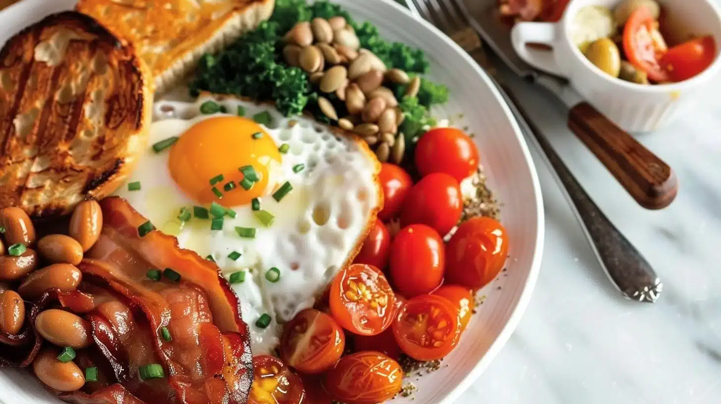 A traditional Full English breakfast plate with eggs, bacon, sausages, and beans.