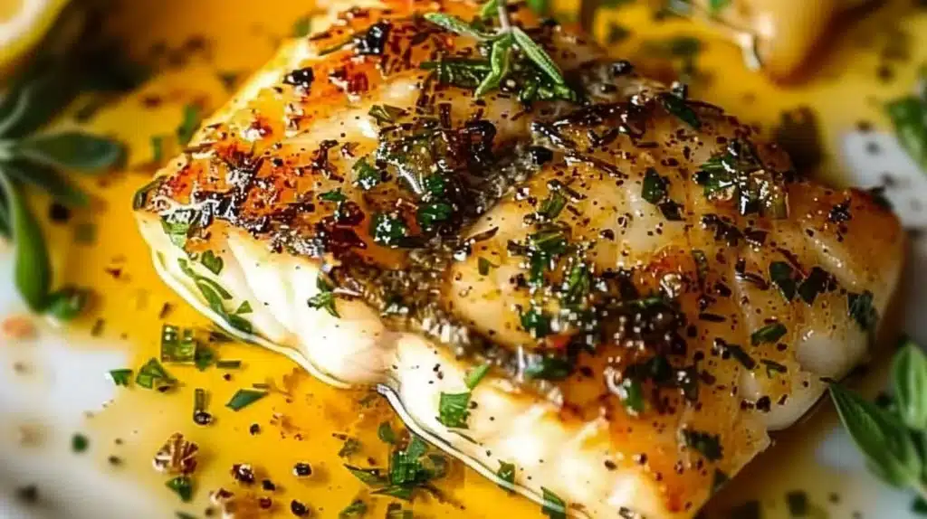 Delicious Garlic Butter Cod with herbs and lemon on a plate