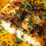 Delicious Garlic Butter Cod with herbs and lemon on a plate