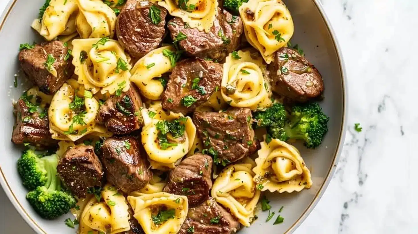 Garlic butter steak bites served with tortellini for a quick family dinner