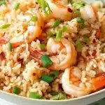 Plate of Garlic Shrimp Fried Rice garnished with green onions and herbs