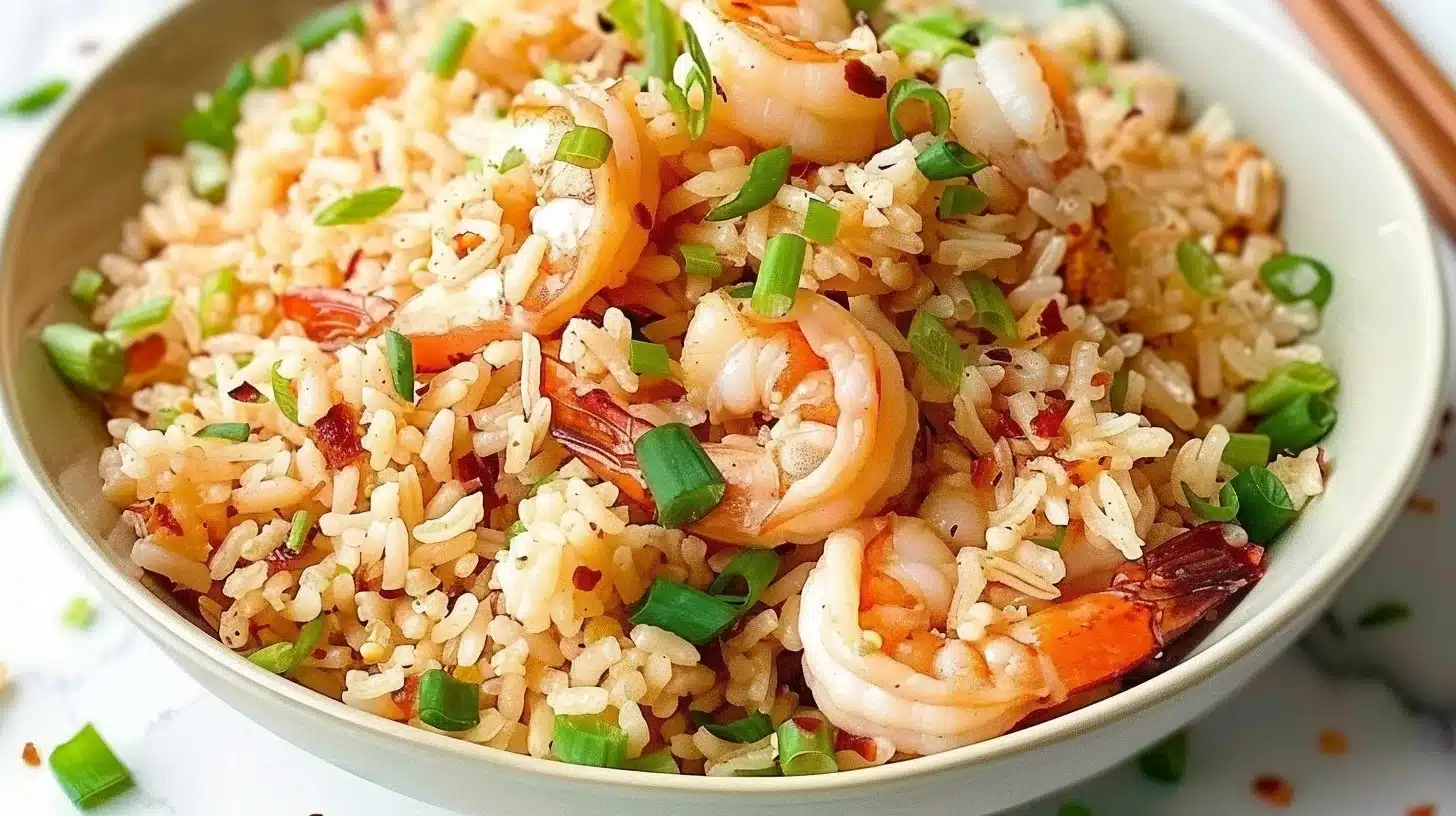 Plate of Garlic Shrimp Fried Rice garnished with green onions and herbs