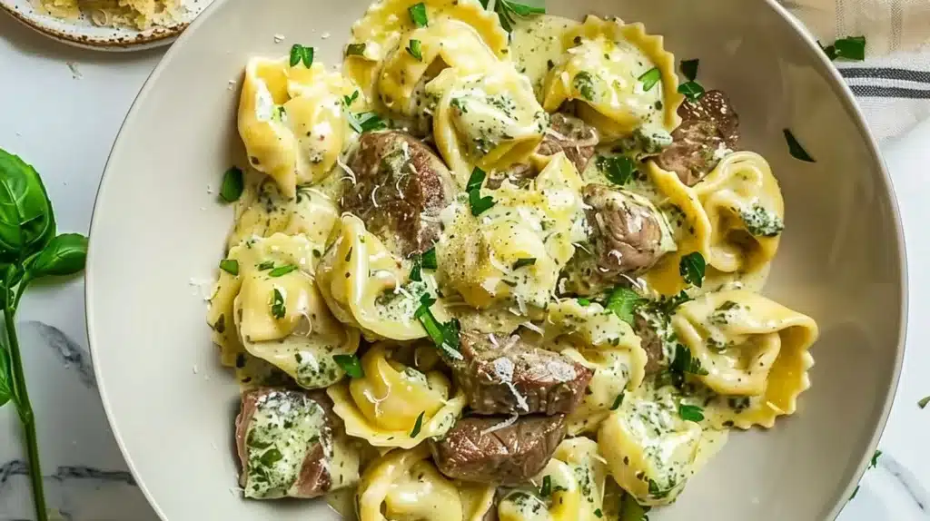 Delicious Garlic Steak Tortellini topped with Pesto Cream sauce