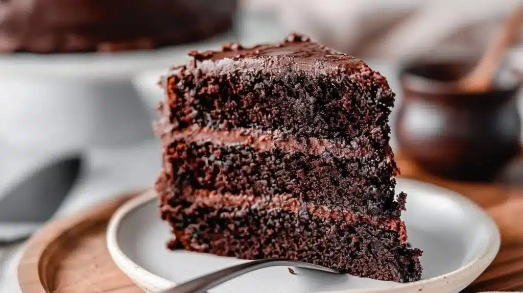 Delicious gluten-free chocolate cake served on a white plate with chocolate frosting.