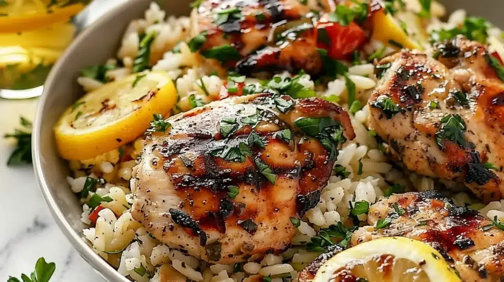 Plate of Greek Chicken served with lemon rice and garnished with herbs