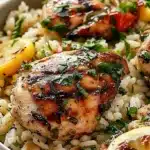 Plate of Greek Chicken served with lemon rice and garnished with herbs