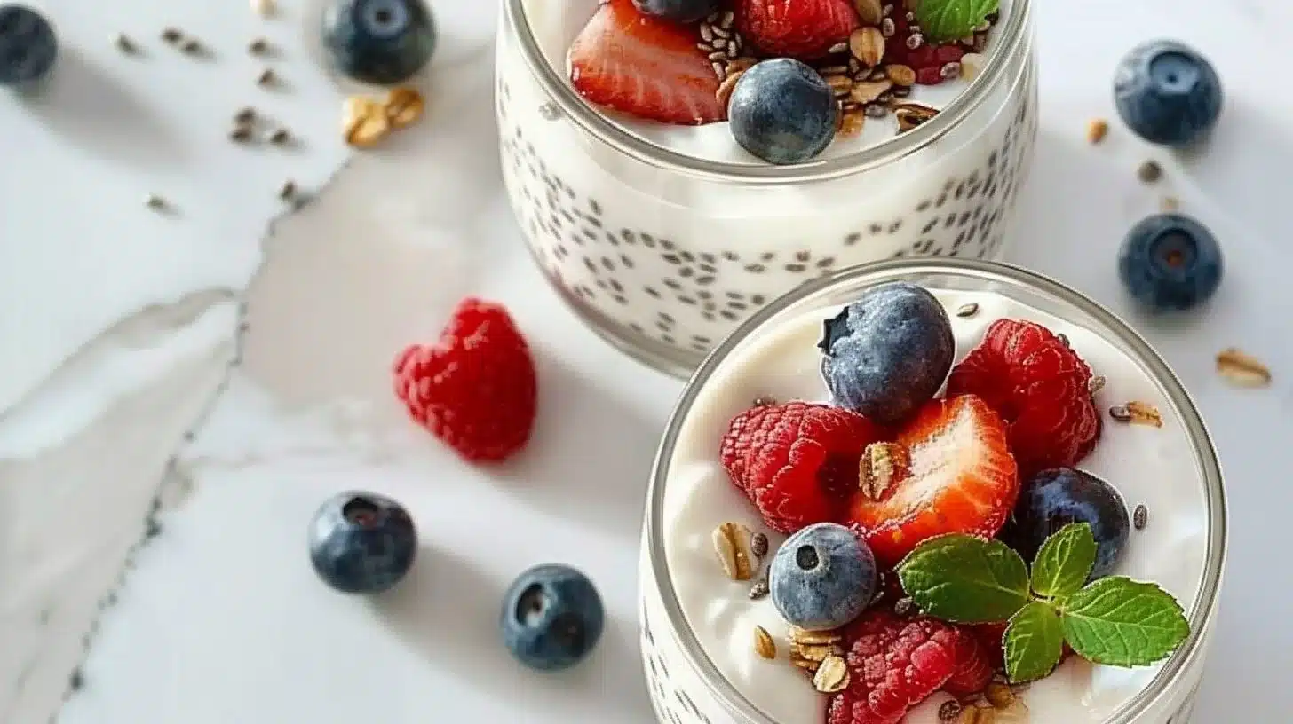 Delicious Greek yogurt chia snack cups topped with fresh fruits and seeds.