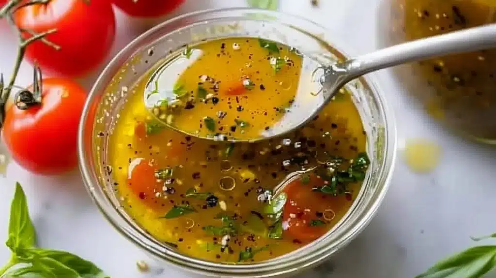 Bottle of healthy Italian dressing with fresh ingredients